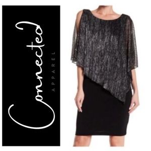 🪻 Black w Silver Shimmer Capelet Sheath Dress Wedding Guest Cocktail NWT 10